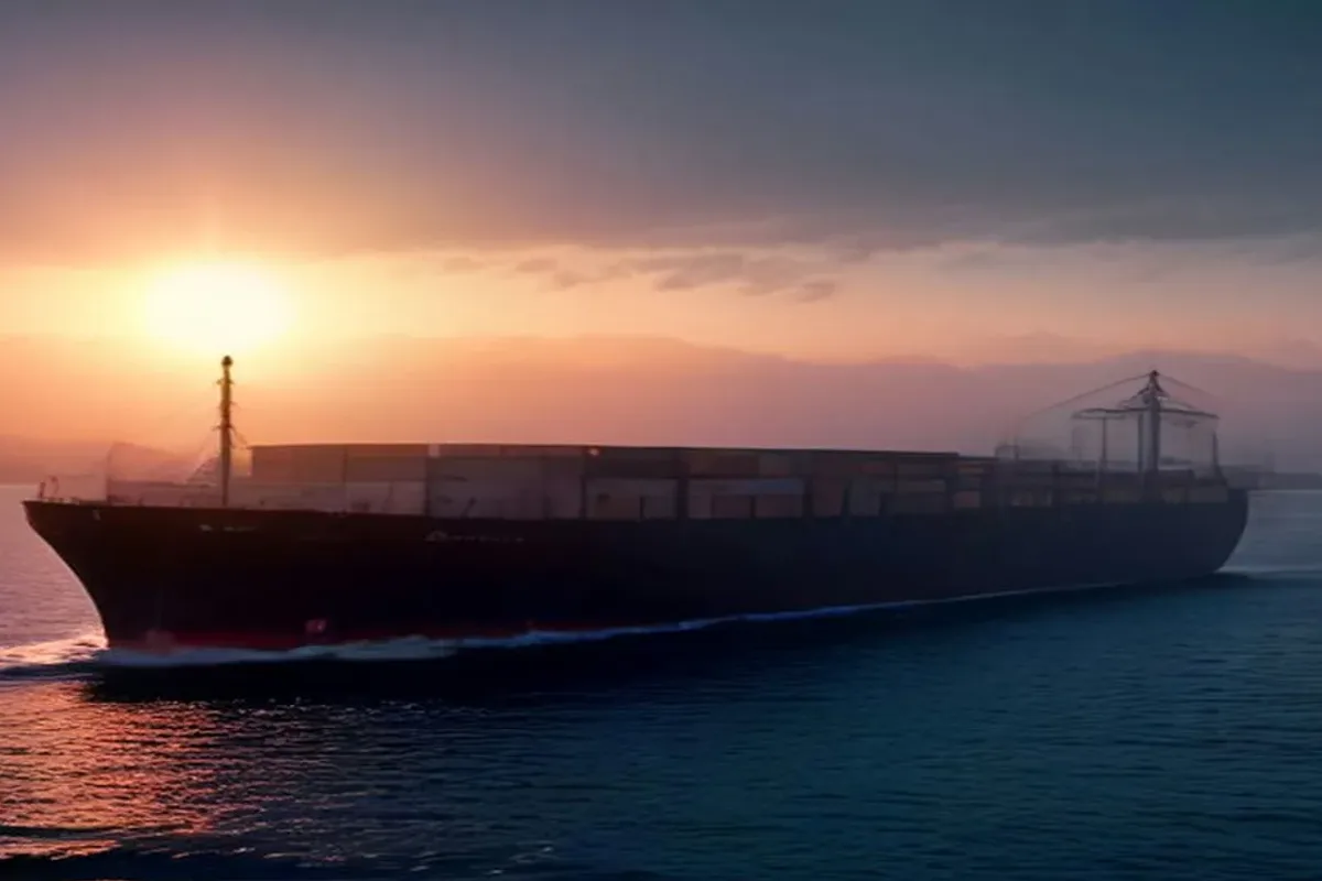 Cargo ship carrying vehicles across the ocean at sunrise