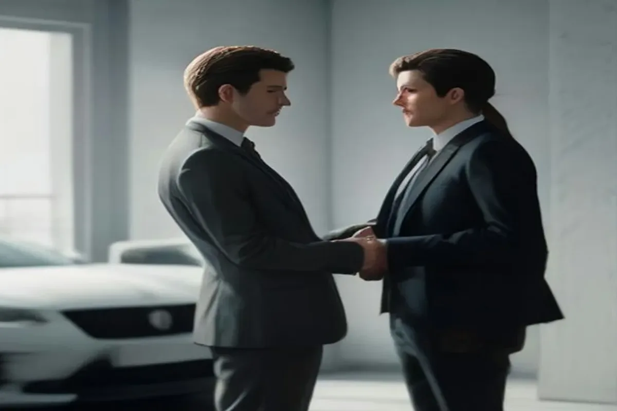 Customer and salesperson shaking hands in a bright showroom