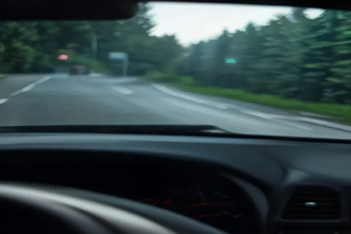 Highway traffic viewed from inside a car