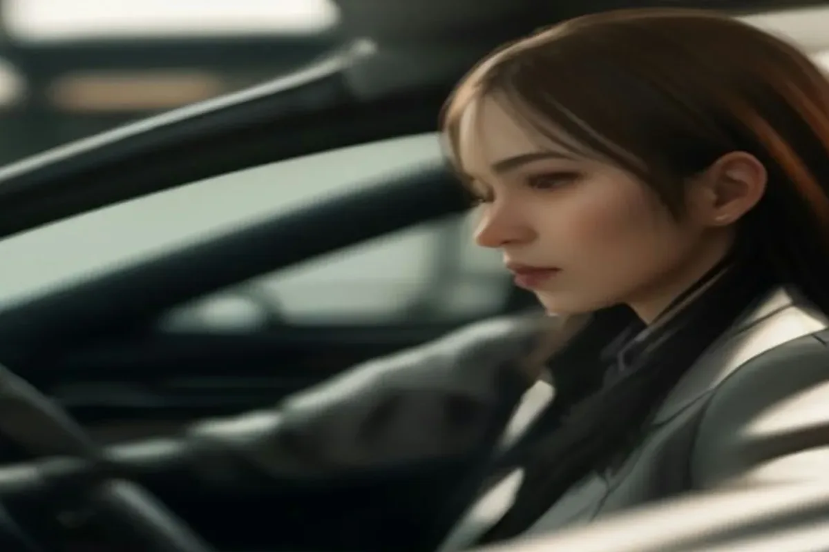 Driver looking at a device inside a car