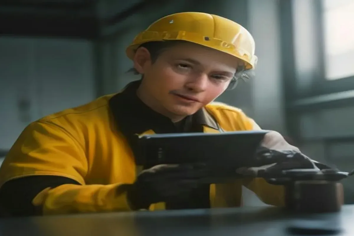 Engineer inspecting a battery cell in a research laboratory