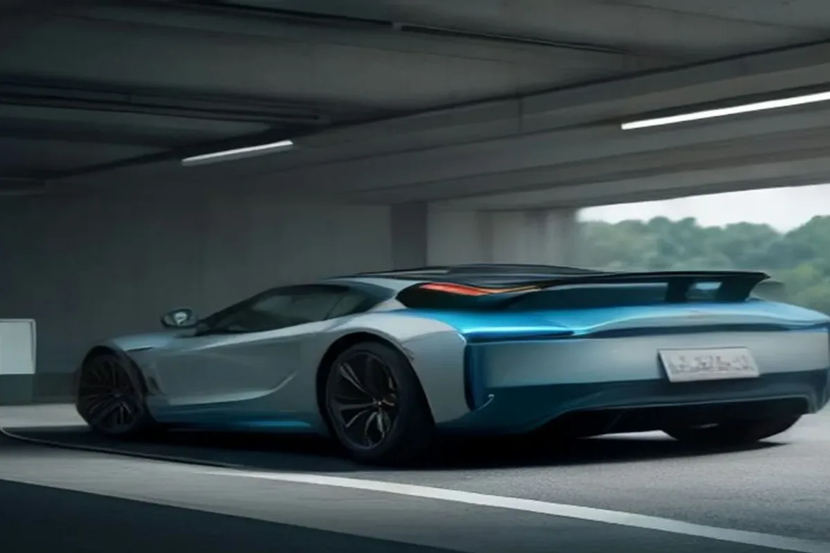 Electric sports car parked inside a modern garage