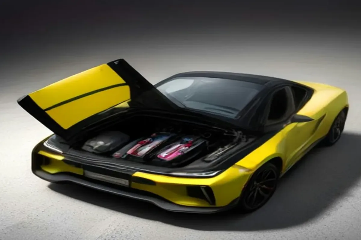 Sports car with its front compartment open in a workshop