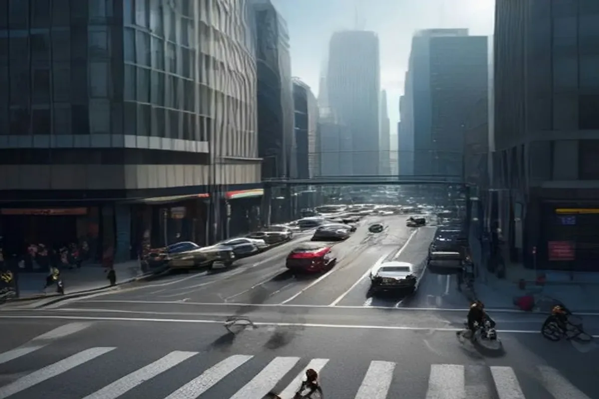 Busy city intersection with cars and pedestrians