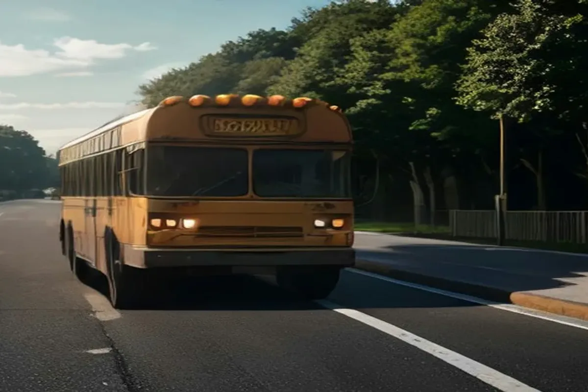 School bus stopped with red lights flashing on a suburban road
