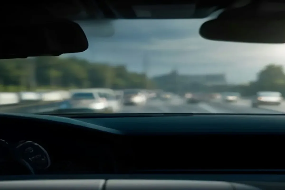 View of the road ahead from inside a moving car