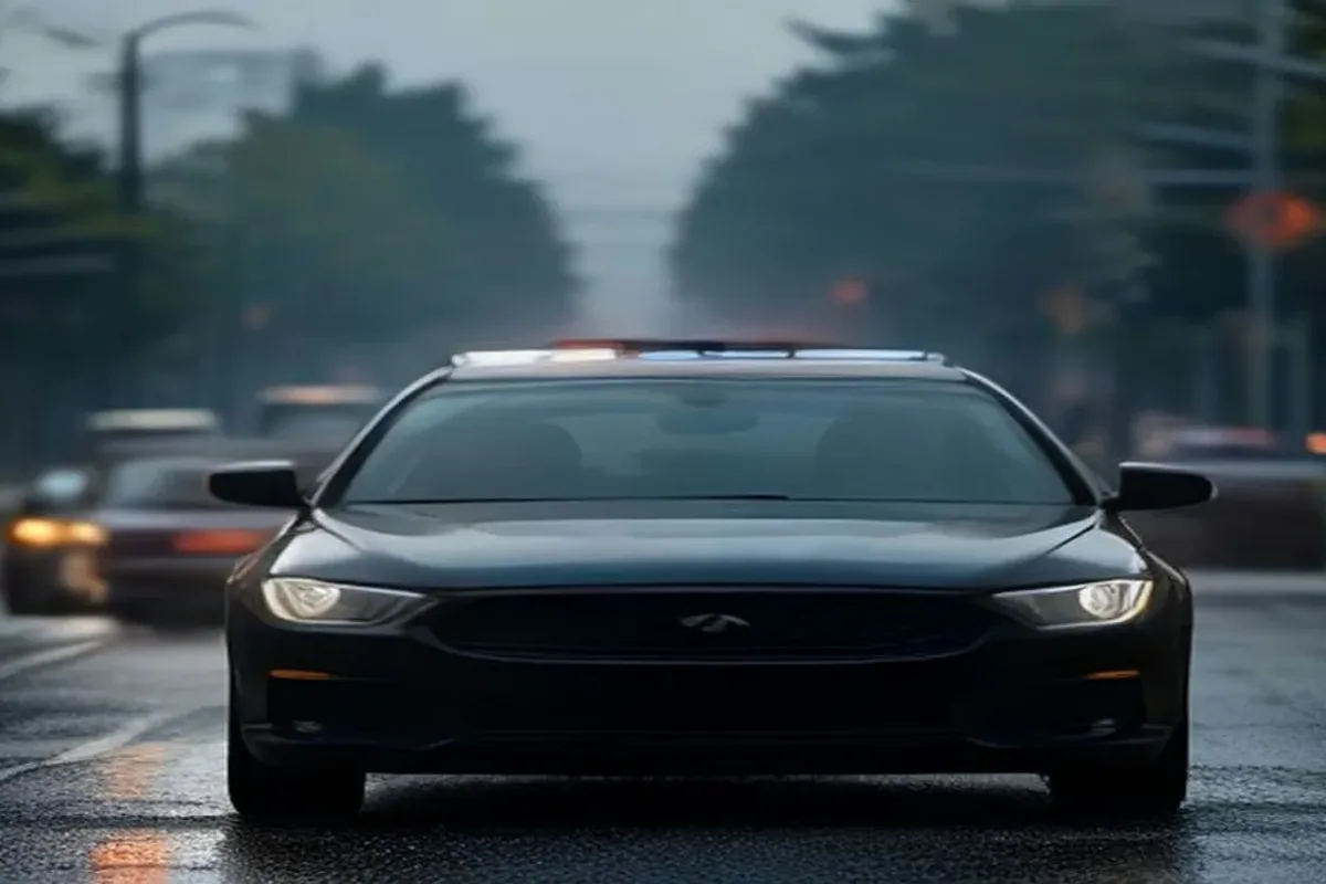 Traffic moving through an intersection in wet weather